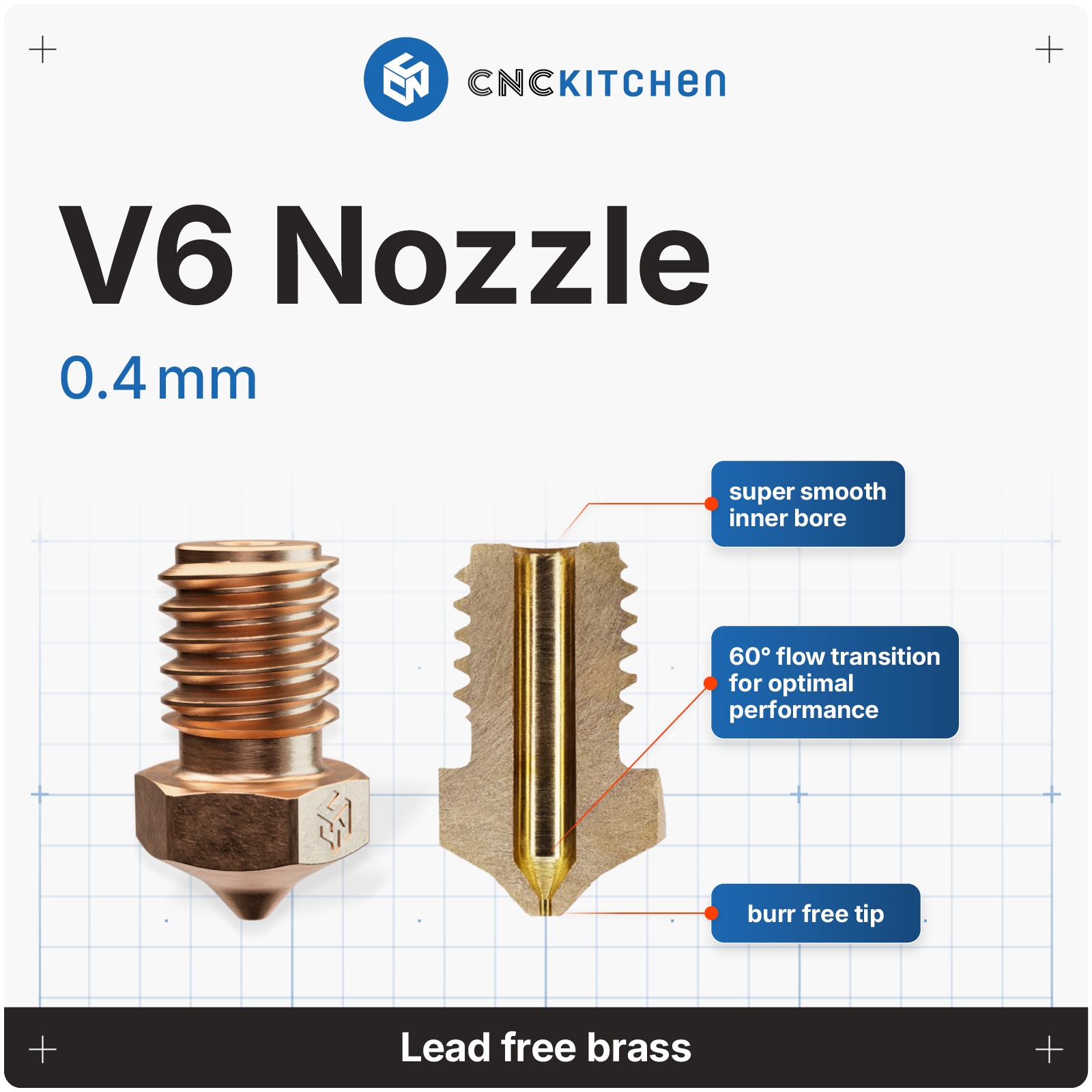 CNC Kitchen  V6 Düse, 0.4 mm    Präzisionsdüse aus bleifreiem Messing
