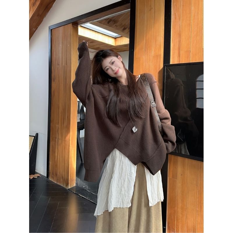 Vhancy - Ronde hals effen asymmetrische oversized trui / Lange mouwen V-hals doorschijnende blouse met knoopjes en split / Culottes met hoge taille