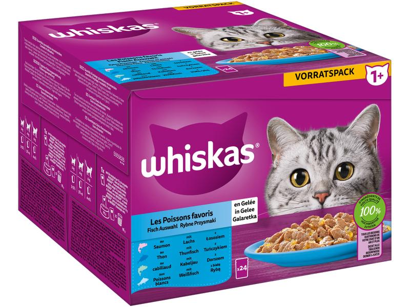 Whiskas Nassfutter Fisch Auswahl in Gelee 1 , 24 x 85 g Alleinfuttermittel für Katzen
