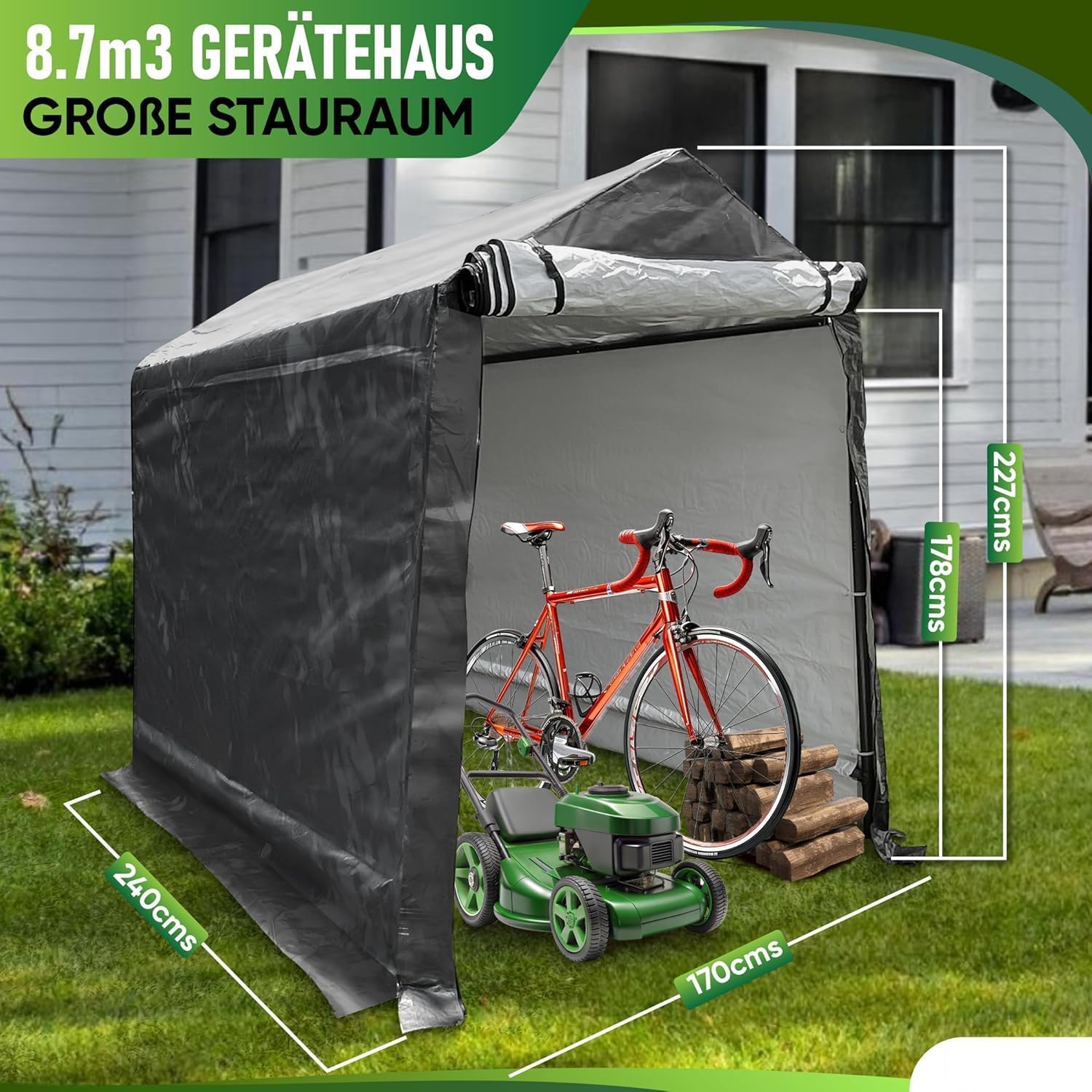 WIELS® Geräteschuppen 170x240x213cm 8,7 m³, Gartenhaus, Fahrradgarage, Fahrradschuppen, Motorradgarage, Folie Werkzeugschuppen, Zeltgarage, Werkzeugzelt (Anthrazit, 240x170x227cms)
