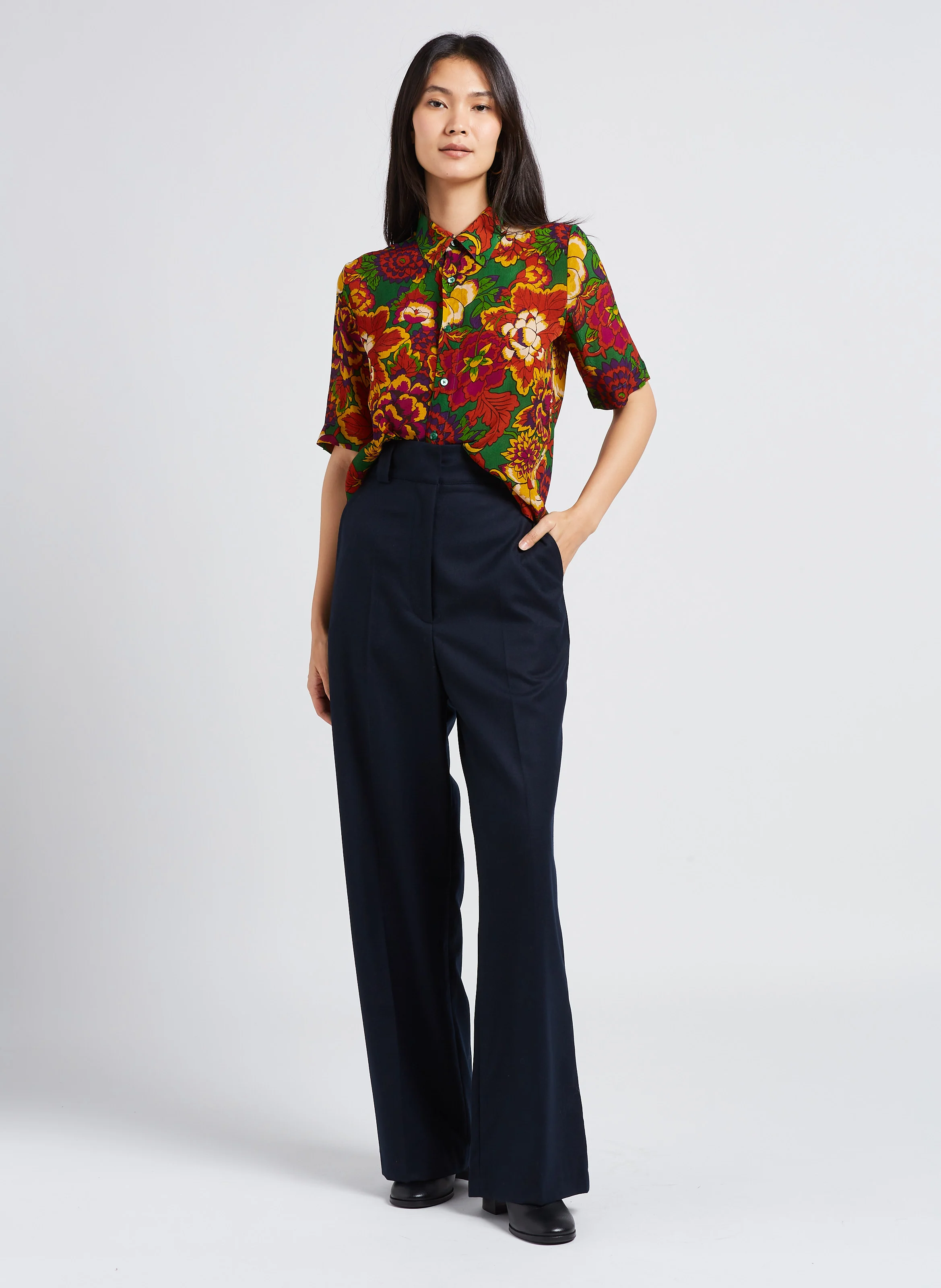 CLOCHE - Pantalon taille haute large en laine | Bleu