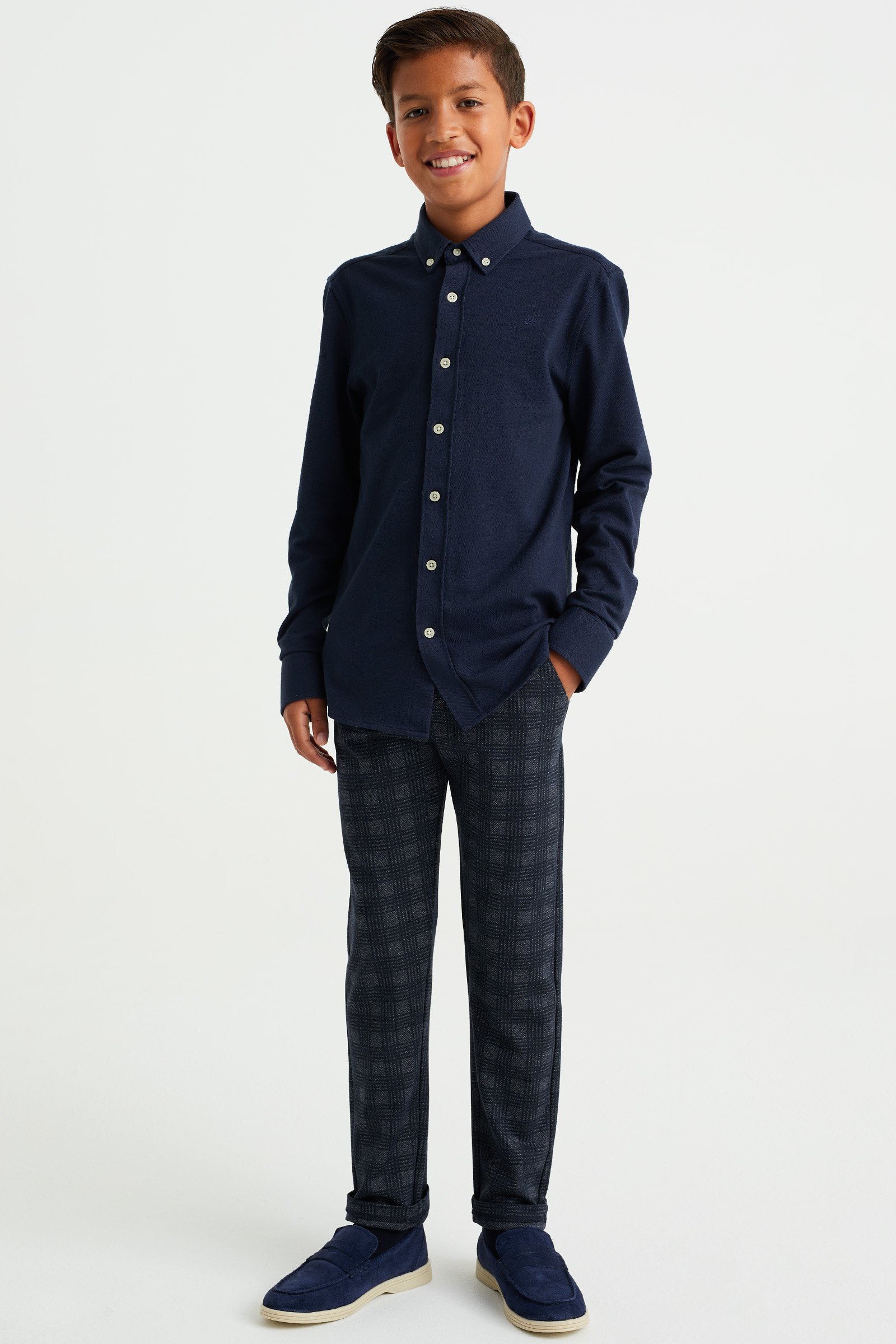 Jongens slim fit pantalon met dessin WE Fashion Donkerblauw