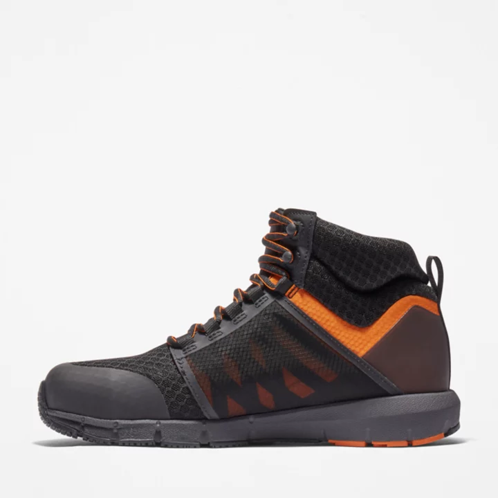 Bota de trabalho Radius com biqueira de liga leve para homem, nas cores preta e laranja.