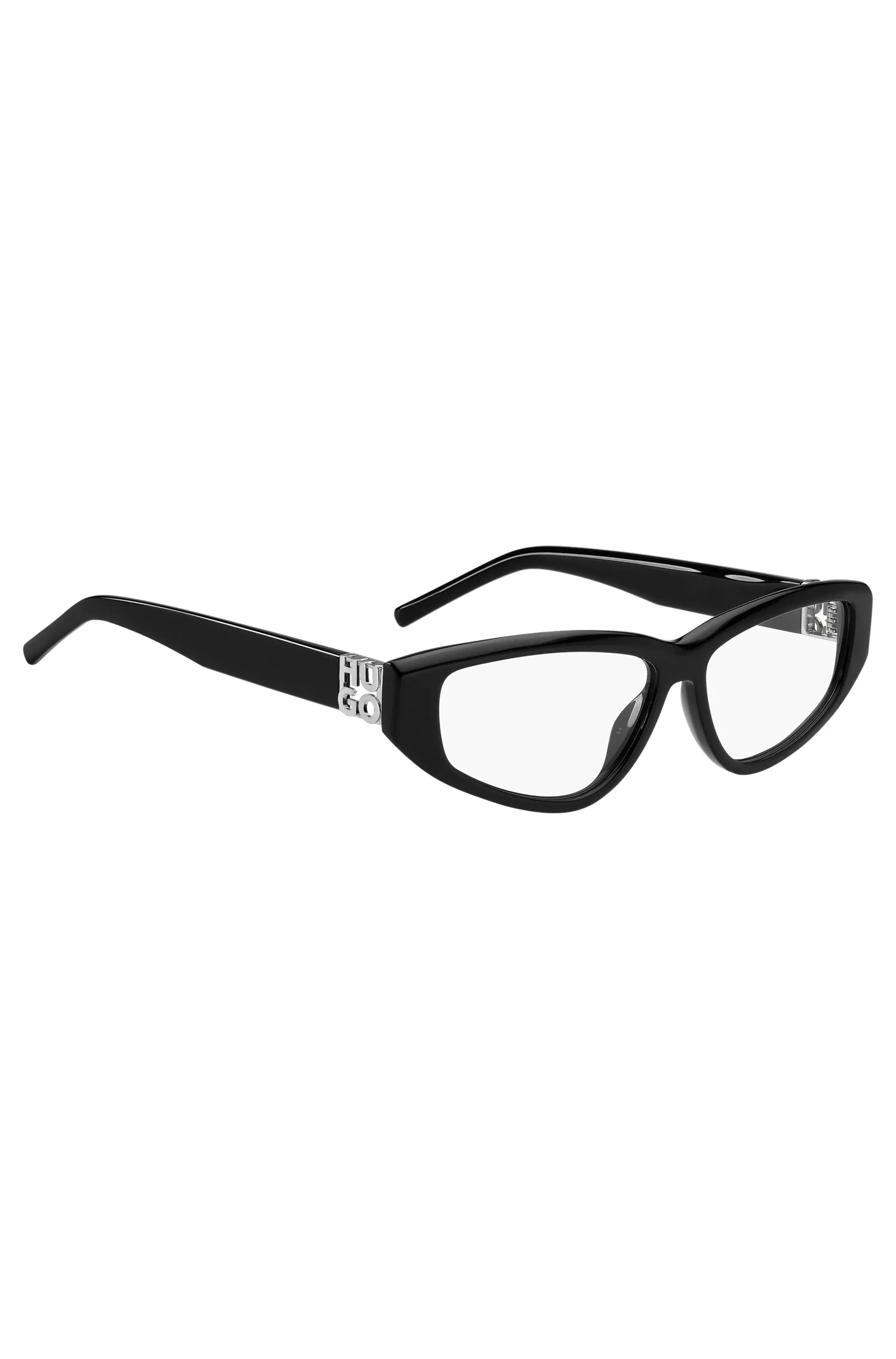 Armação de óculos HUGO em acetato vermelho e preto com monograma 3D.