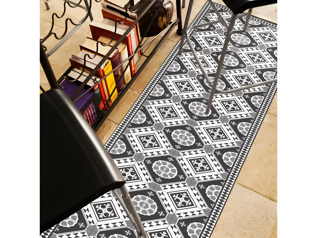 Tapis Vinyle Médium l 50xL120cm - Carreaux de ciment Faustine Gris - Vinyle
