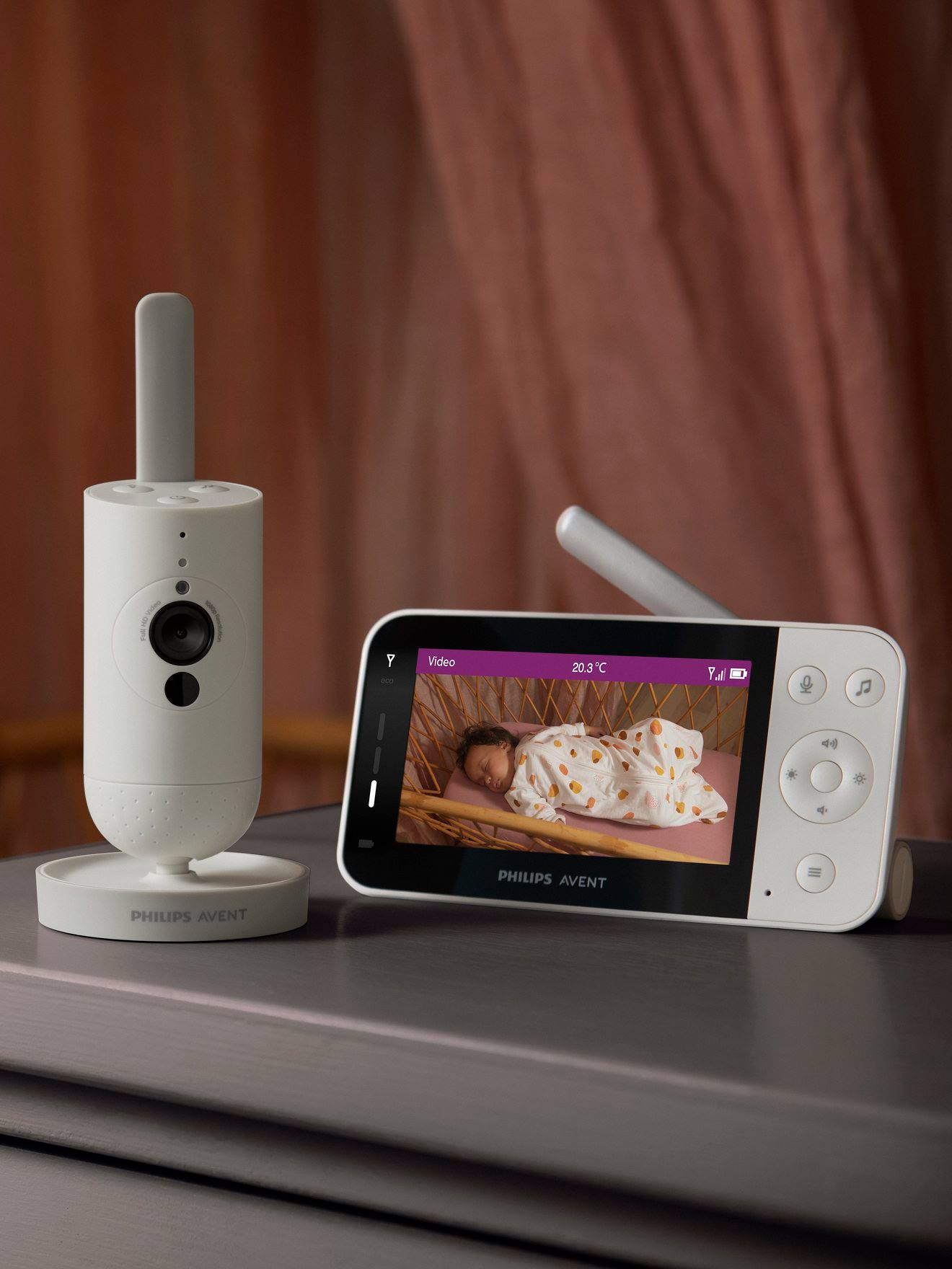 Monitor de vídeo digital para bebês Philips AVENT SCD921, branco claro liso com padrões.