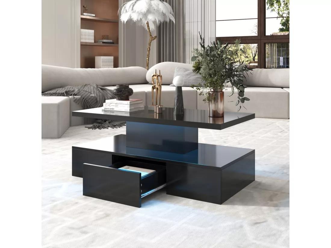 Table basse rectangulaire avec 1 tiroir et LED, 2 niveaux de stockage, 100x50x39cm, Noir