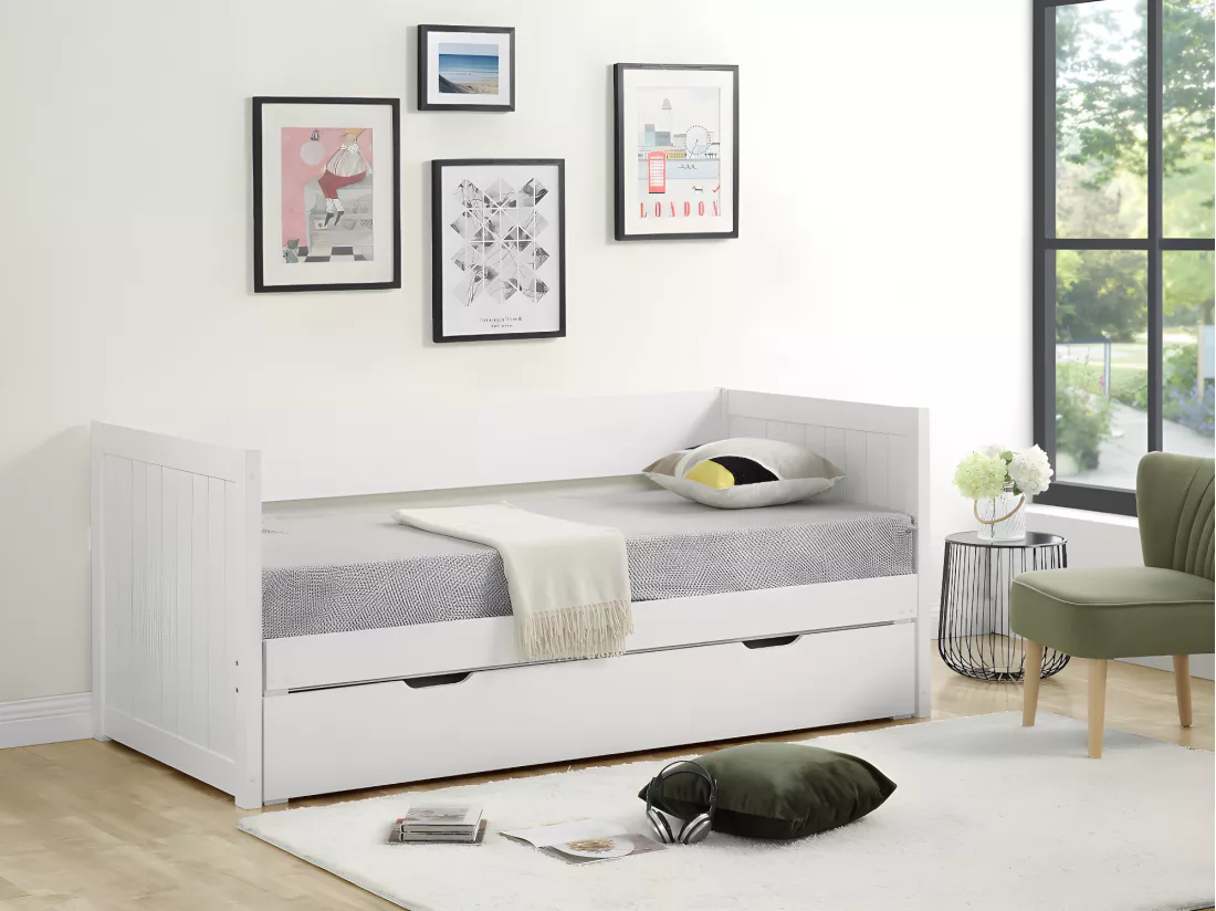 Lit gigogne banquette 90 x 190 ou 174 x 190 cm - Avec sommier peigne et tiroir - Pin et MDF - Blanc - ALFIERO II