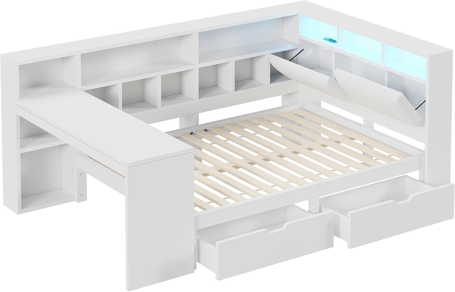 Kebnor L-förmiges Holz-Plattformbett mit Schreibtisch und Bücherregal, Eck-Kapitänsbett mit gepolstertem Kopfteil, Schubladen unter dem Bett, LED-Licht - Weiß (140x200cm)