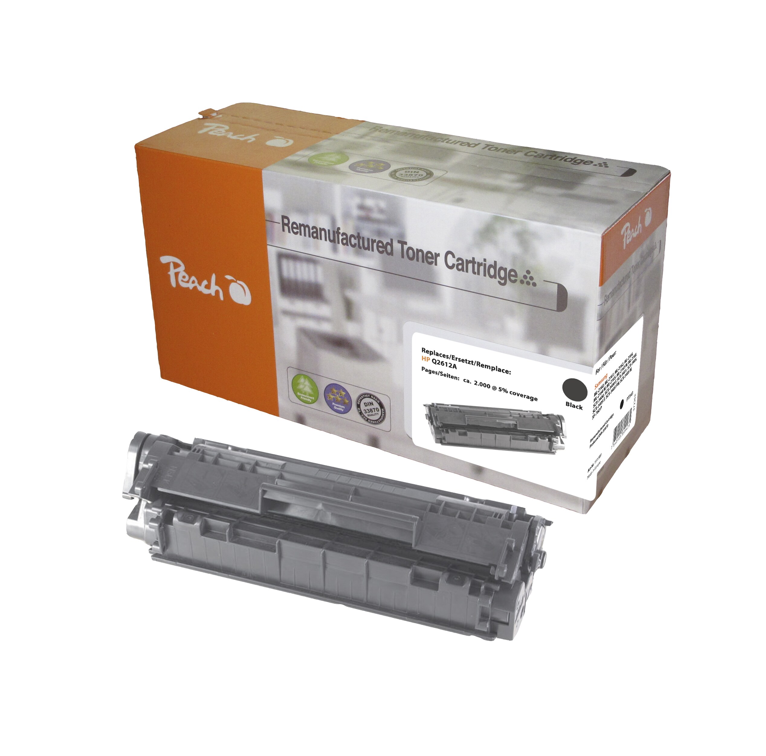 Peach HP 12 ABK Toner bk ersetzt Canon, HP No. 12A BK, Q2612A, CRG-703, EP-703 für z.B. HP LaserJet 1018, Canon ISensys LBP -2900, Canon LBP -2900 (wiederaufbereitet)