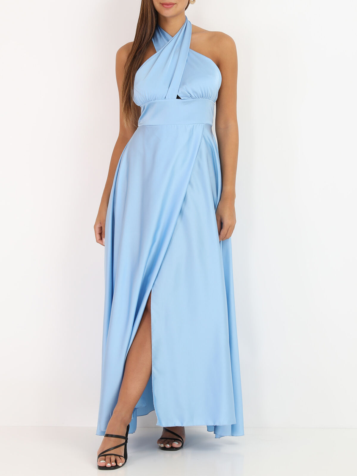 Robe satinée avec encolure croisée- Bleu clair