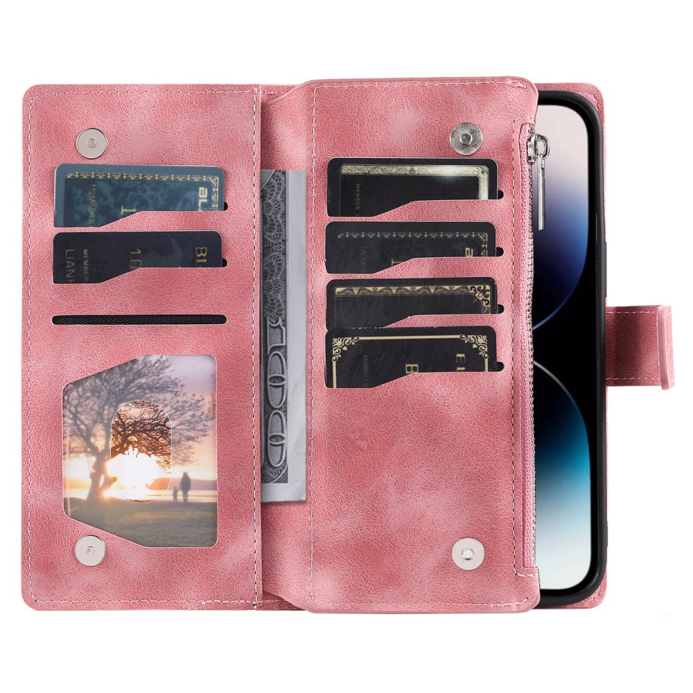 iPhone 15 Pro Leder Tasche Flip Cover mit Reissverschluss - Mandala Flowers Imprint - Rosa