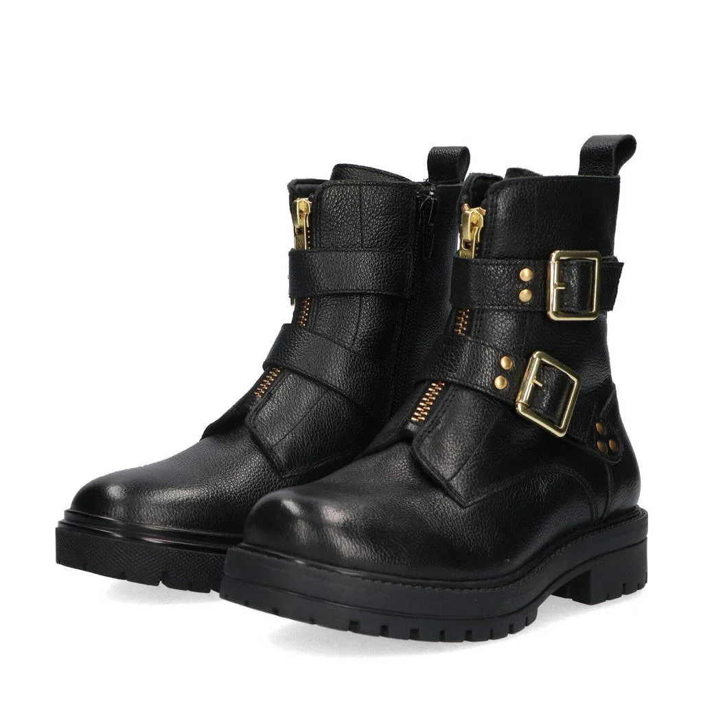 Braqeez Mila Moxiechunky leren bikerboots zwart
