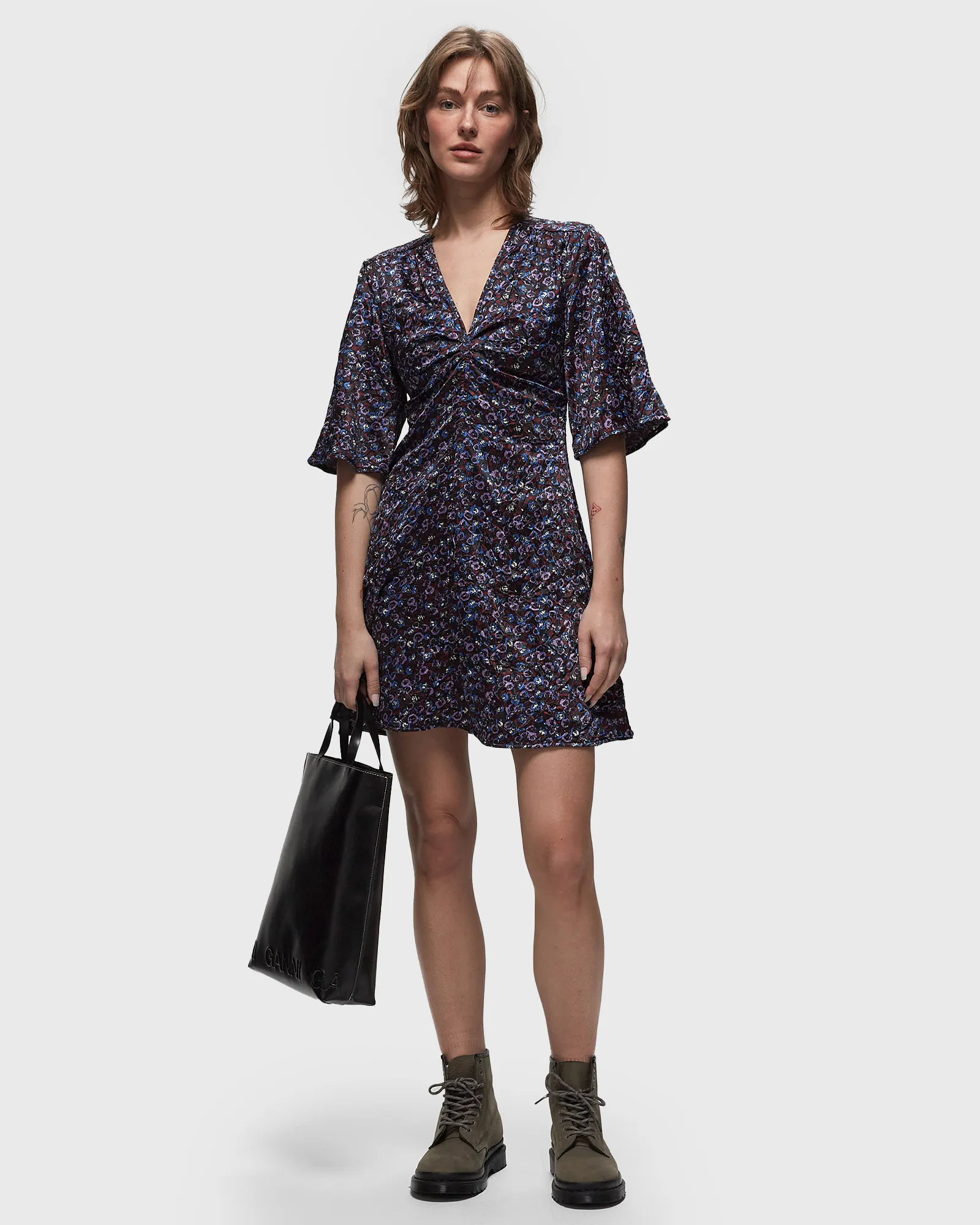 Ganni Crinkled Satin V-neck Mini Dress