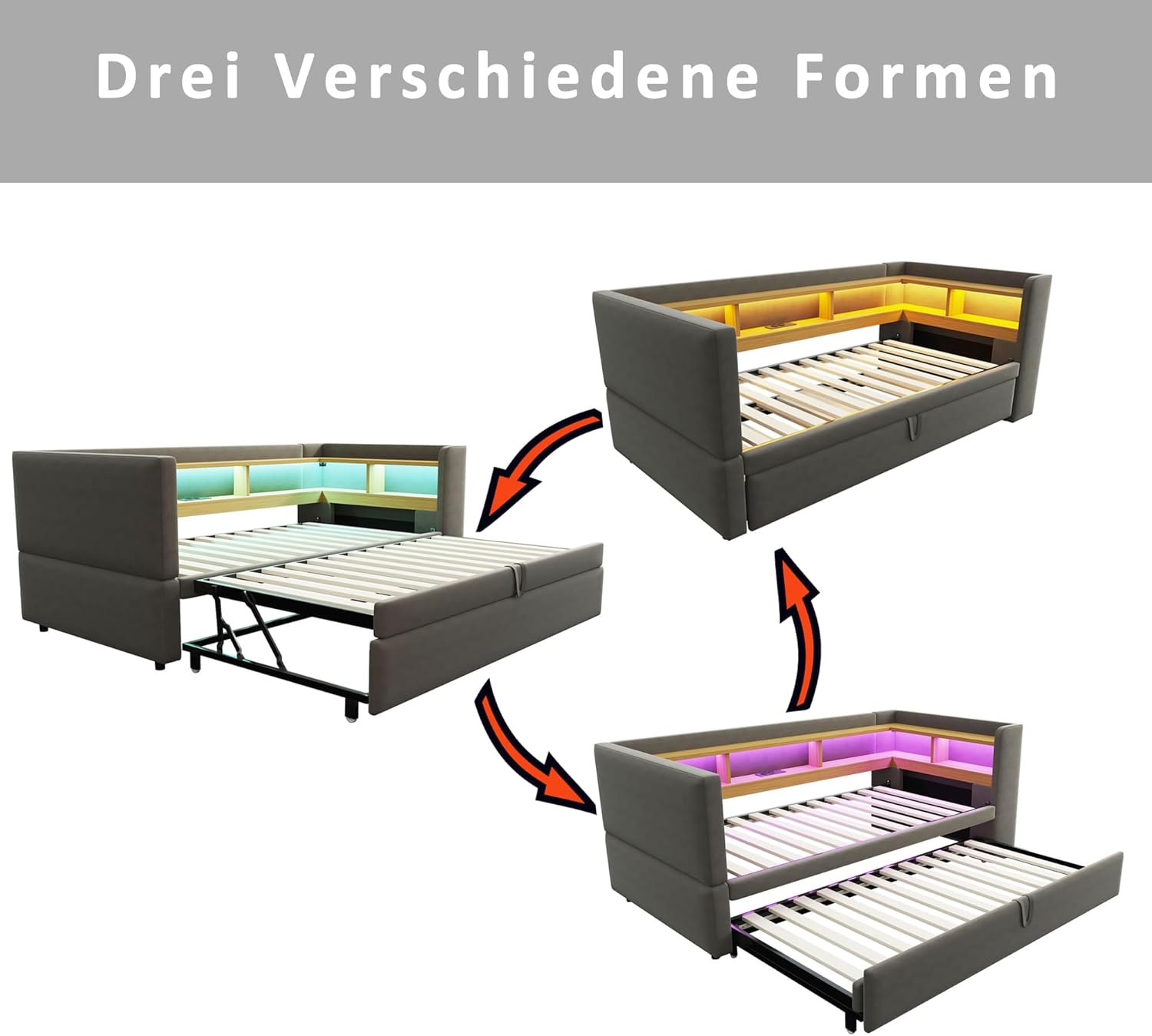Polsterbett Ausziehbares Bett 90/180x190, Schlafsofa Bett mit LED-Beleuchtung, Ablagefächern & Ladestation,Tagesbett Funktionsbett Bettsofa Gästebett Jugendbett, Flannelette,Ohne Matratze (Dunkelgrau)