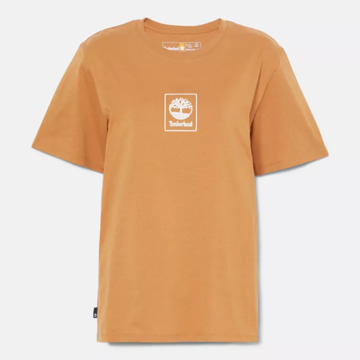 Camiseta feminina Stack Logo na cor amarelo escuro.