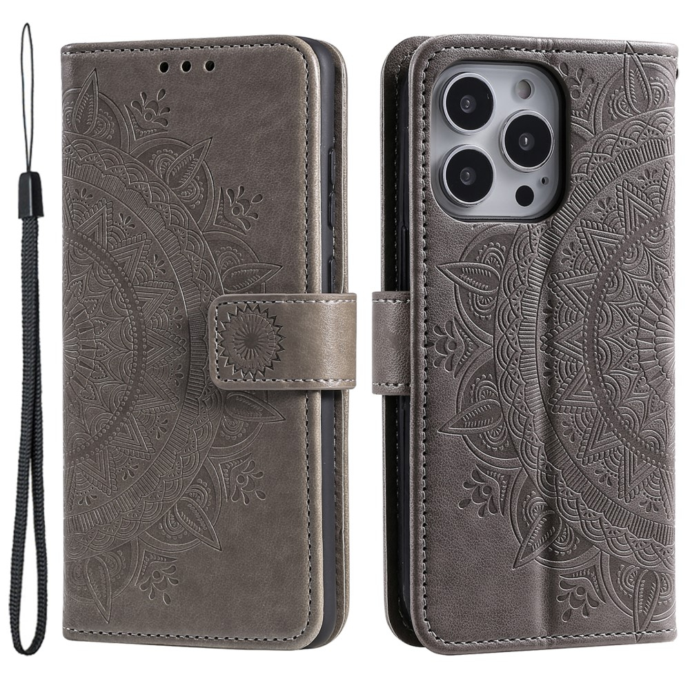 iPhone 15 Pro Leder Tasche Wallet - Mandala Flowers Imprint - Grau
