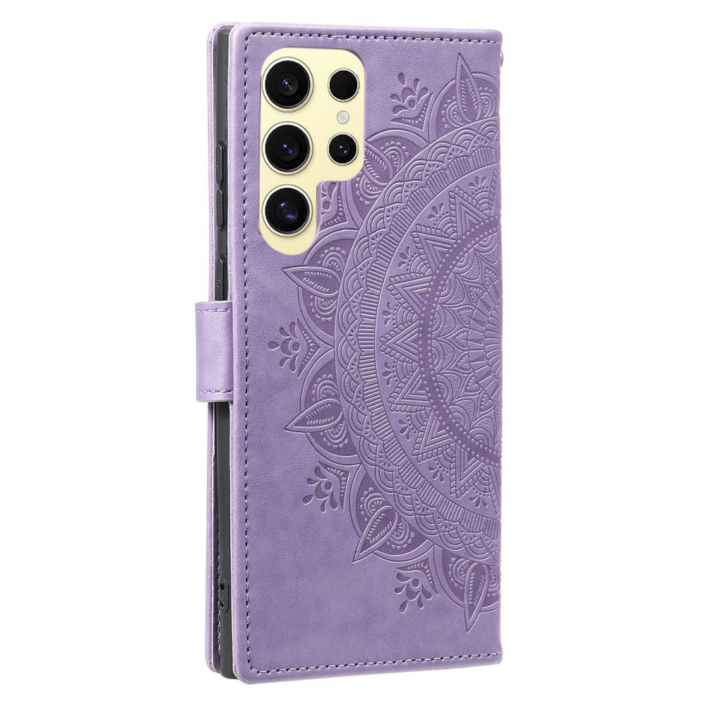 Samsung Galaxy S25 Ultra Leder Tasche Wallet - Mandala Flowers Imprint - Lila