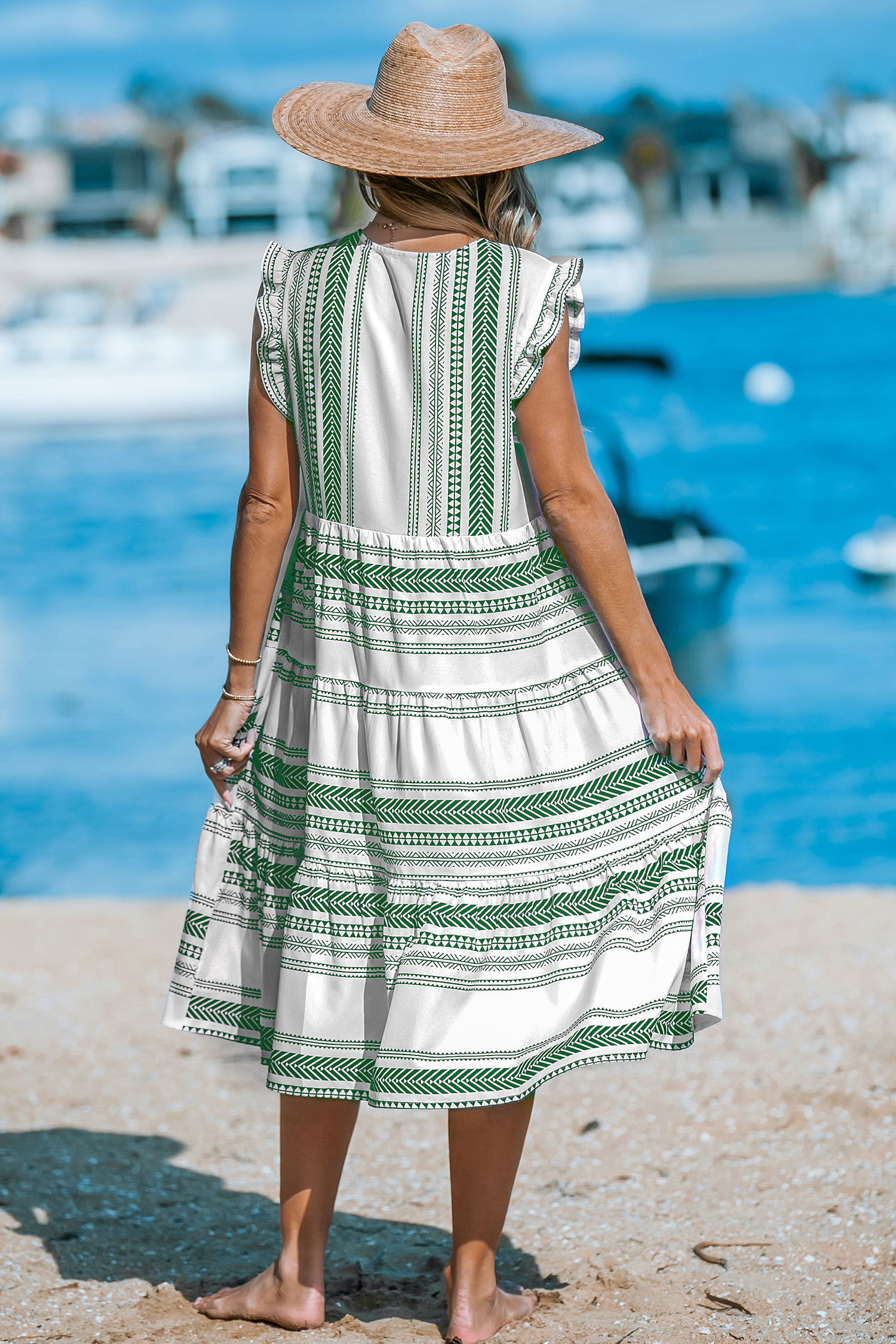 Robe midi avec col en V et manches à volants à rayures boho