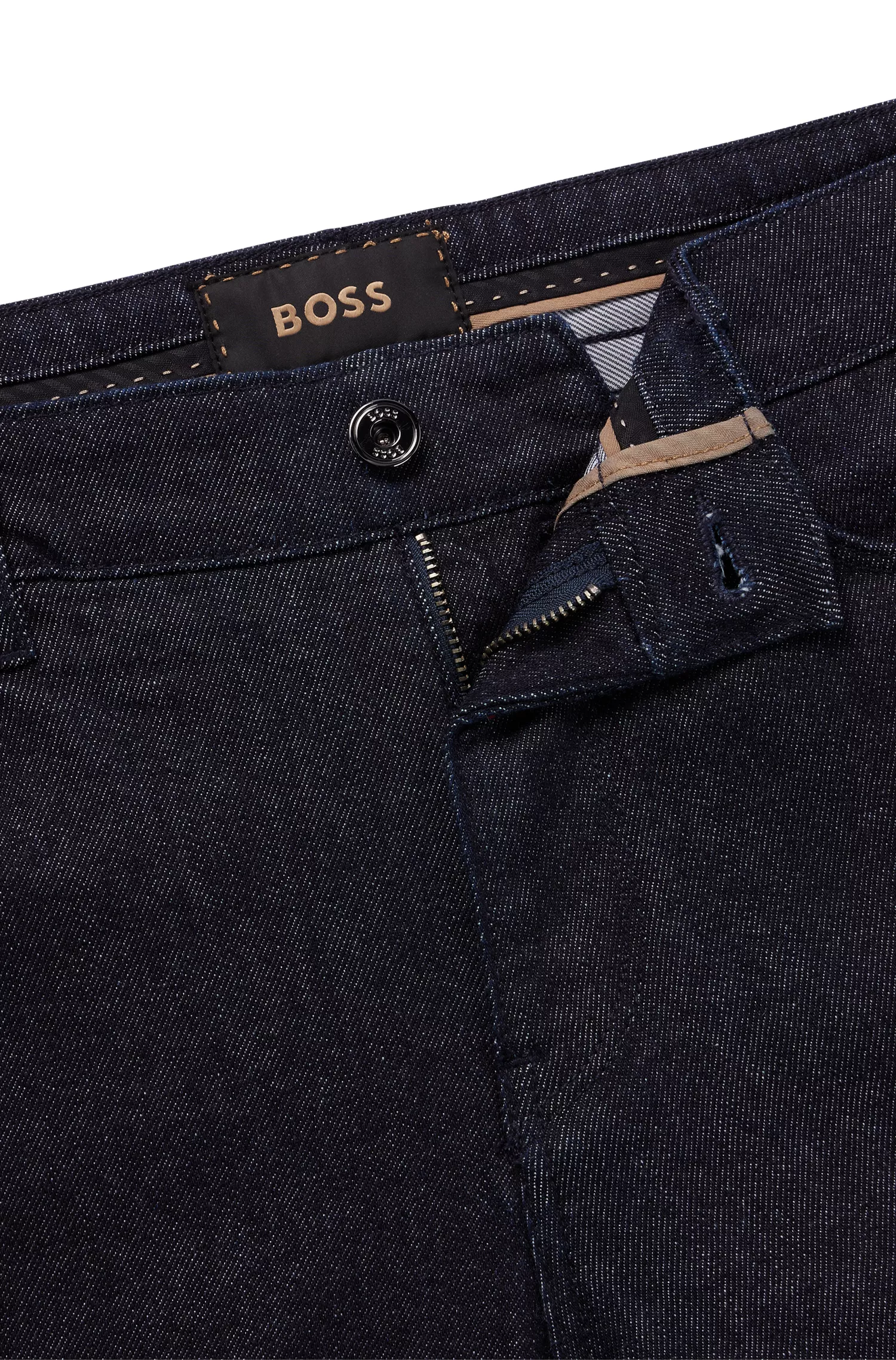 Calça jeans BOSS Camel Slim-fit em denim azul de luxo e conforto.