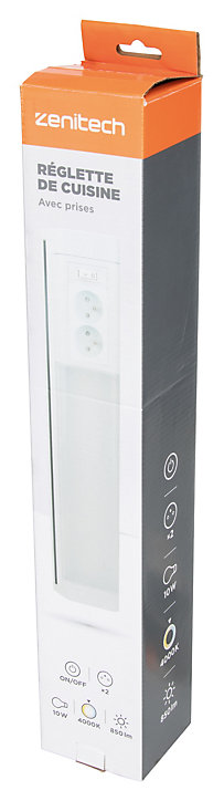 Réglette sous meuble avec prises LED intégrée blanc neutre IP20 850lm 3680W L.8xl.8,5xH.50cm Zenitech