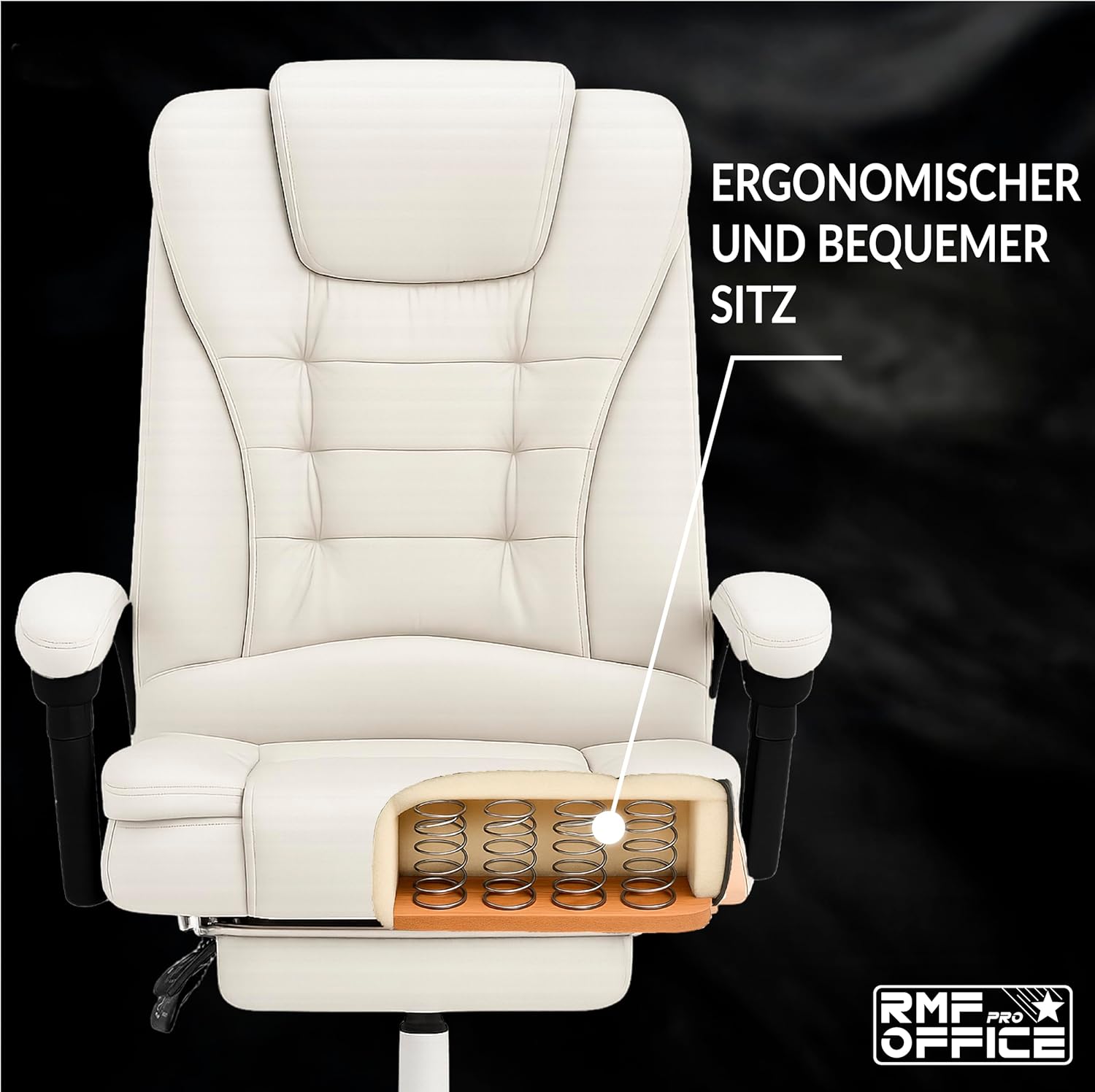 RMF Ergonomischer Professioneller Bürostuhl, Neigbar Bequemer und Entspannender Schreibtischstuhl mit Fußstütze – Relaxsessel mit drehbaren Rollen, Höhenverstellbar, Weiß
