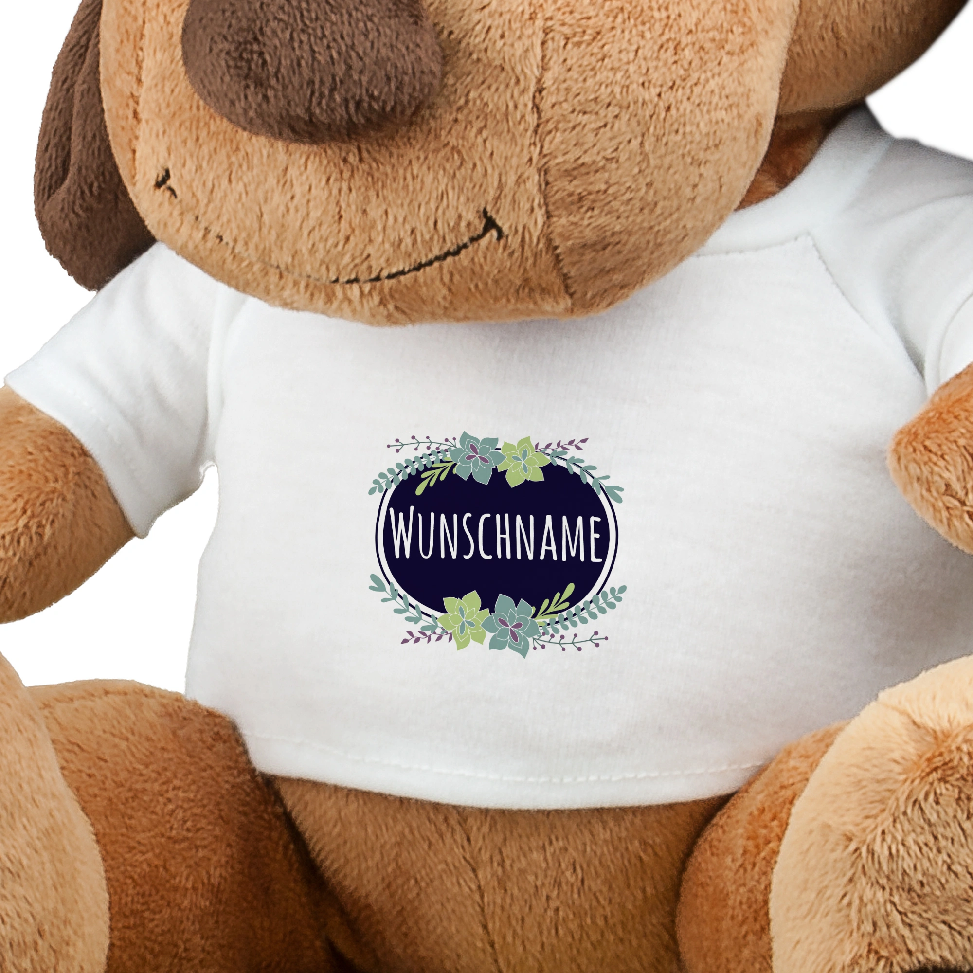 Kuscheltier Hund mit Namen (Motiv: Blumen)