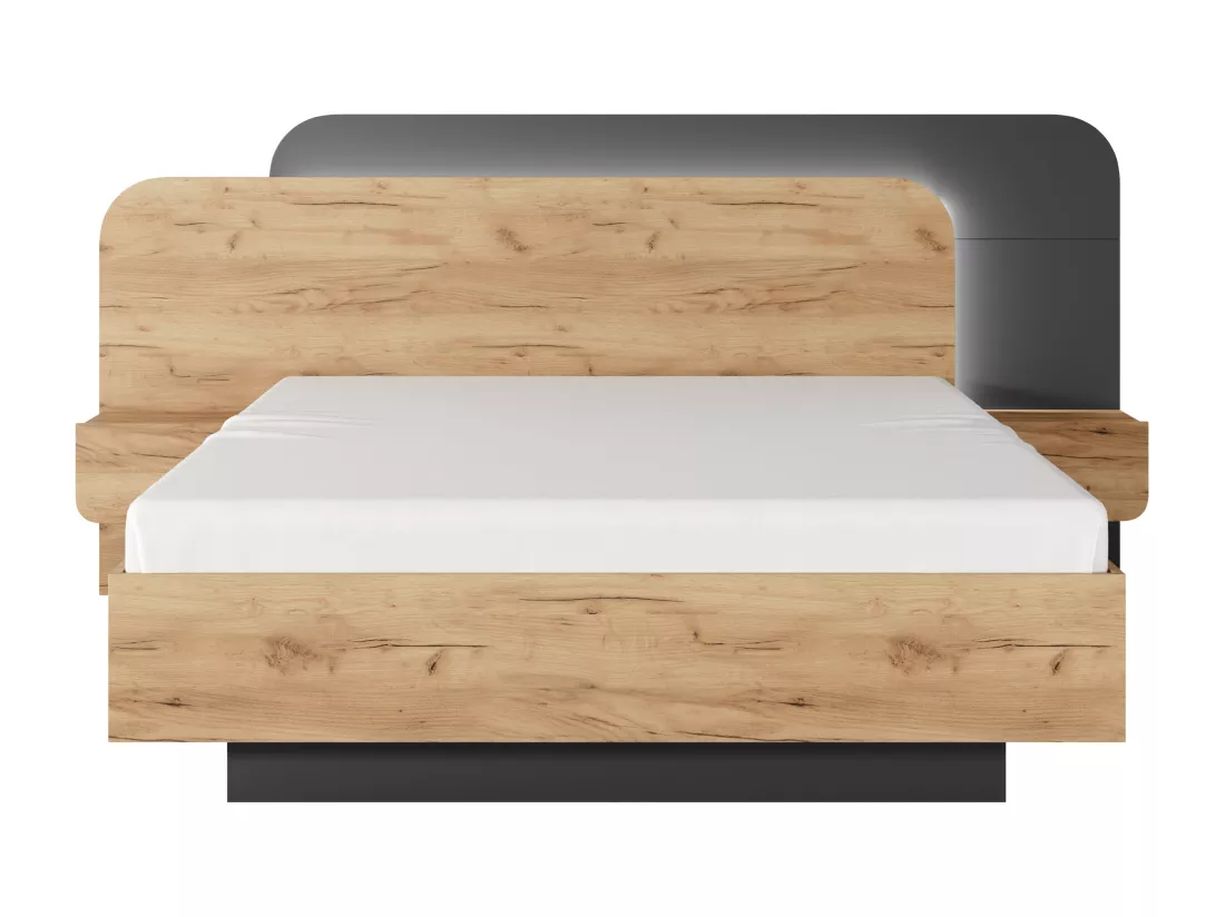 Lit coffre avec chevets 160 x 200 cm - Avec LEDs - Coloris : Naturel et anthracite + Matelas - DESADO
