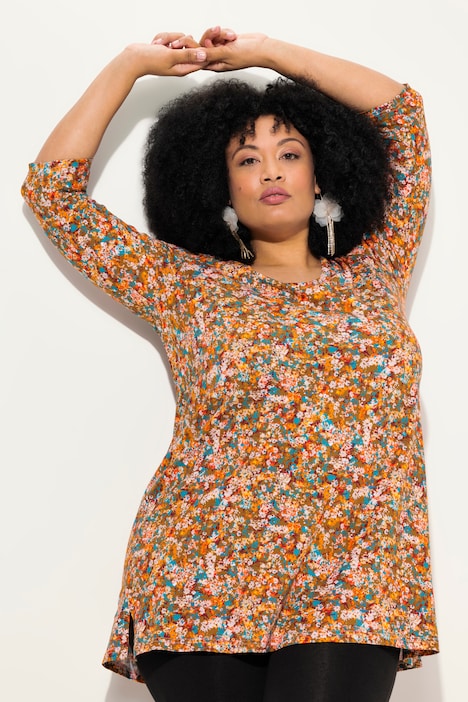Longshirt, Blüten, A-Linie, Rundhals, 3/4-Arm
