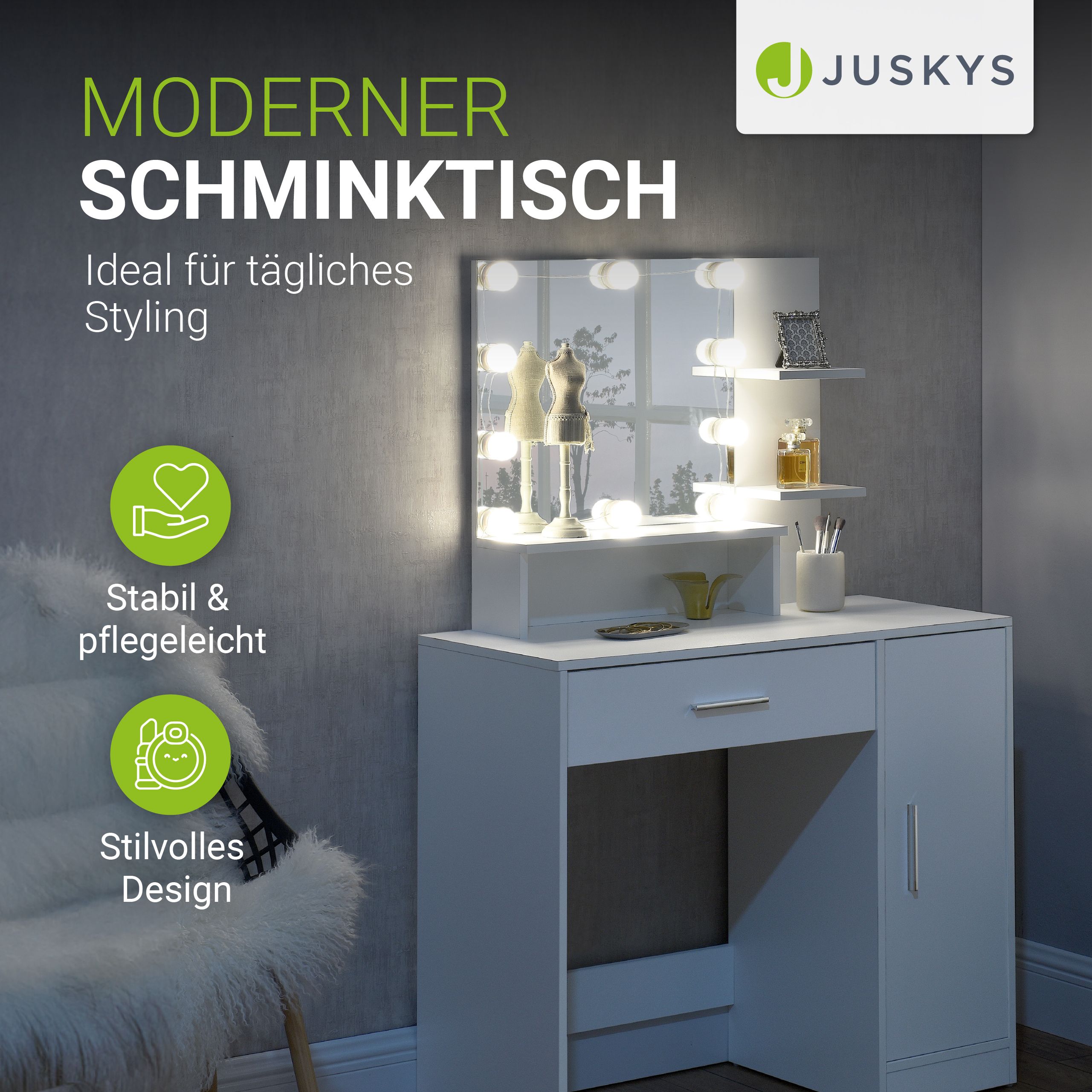 Juskys Schminktisch Zoey Weiß – Frisiertisch mit LED-Beleuchtung, Spiegel, Schublade & Schrank