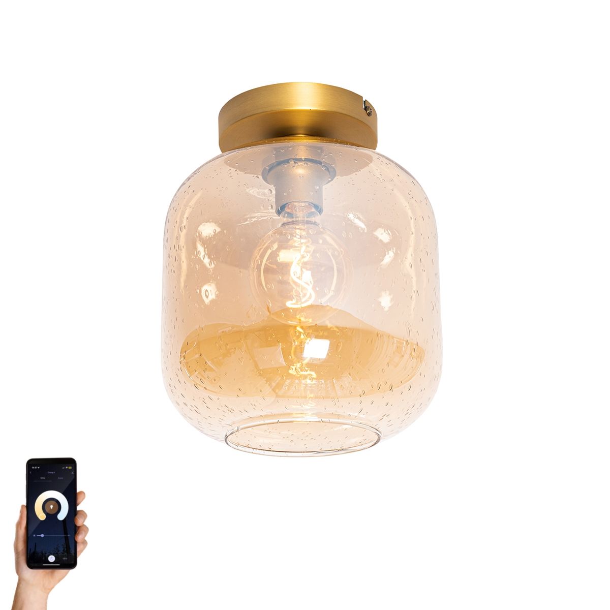 Smart plafondlamp messing en amber glas incl. Wifi G95 - Zuzanna