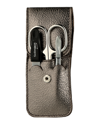 Pfeilring Manicure-Sets Taschen-Etui, Leder in Metalloptik, vernickelte Instrumente 3-teilig