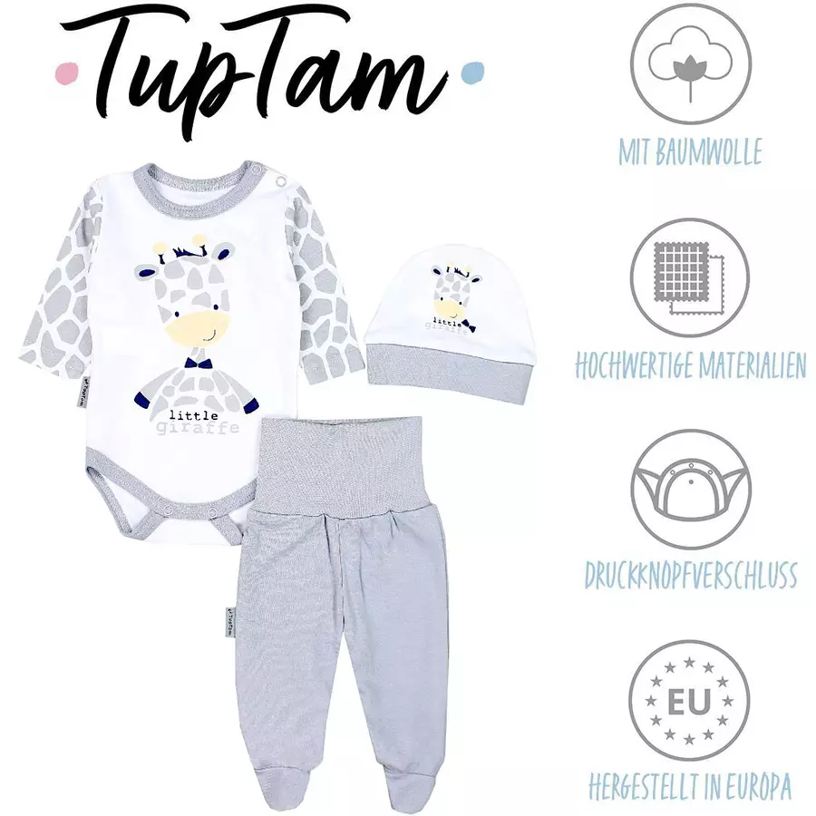 TupTam Baby Bekleidungsset Langarmbody Hose Mütze3 teilig grauweiß
