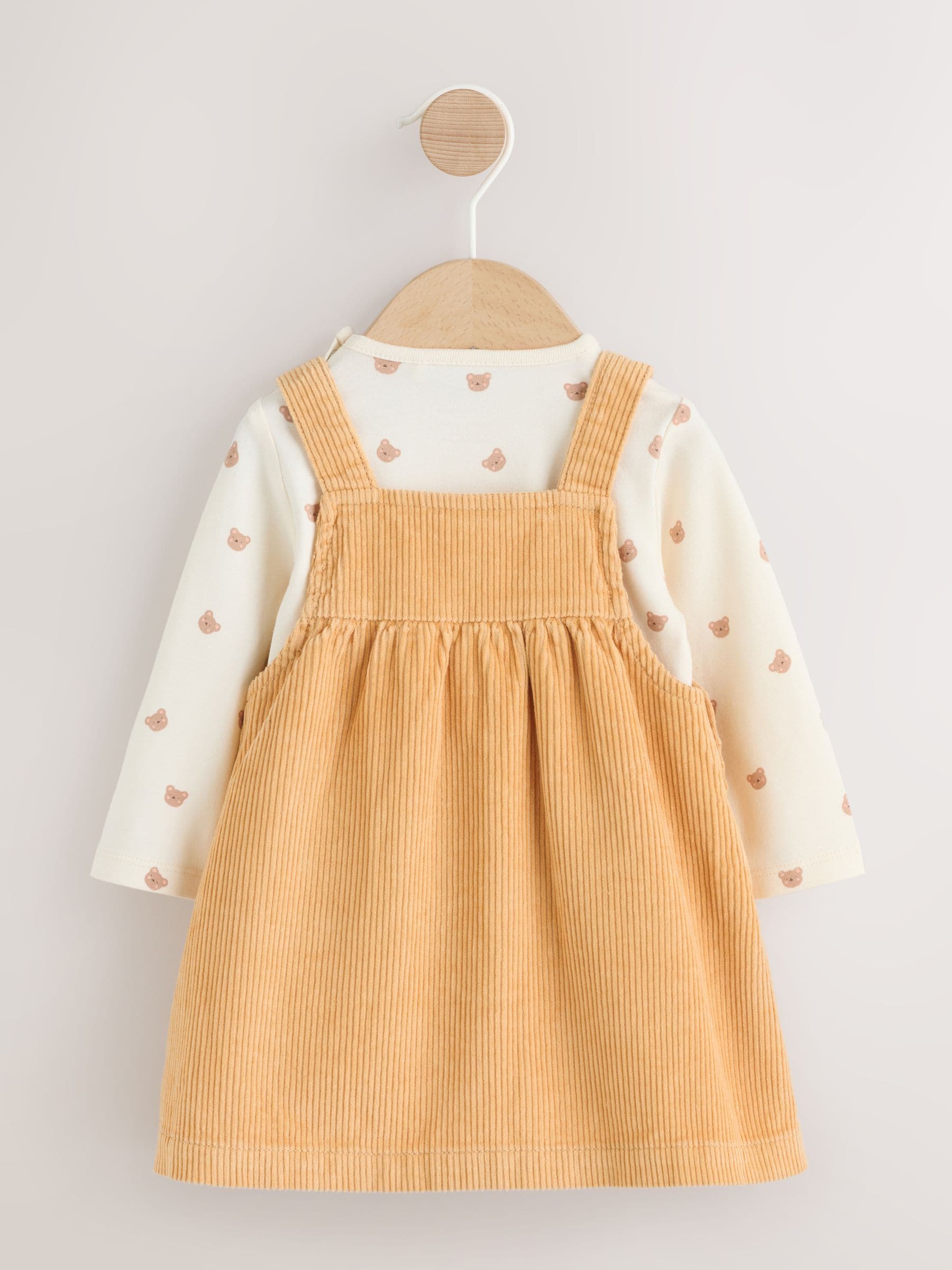 Neutraal met beren - Pinafore-jurk met babykoord en rompertje met lange mouwen, 2 -delige set (0mnd-2jr)