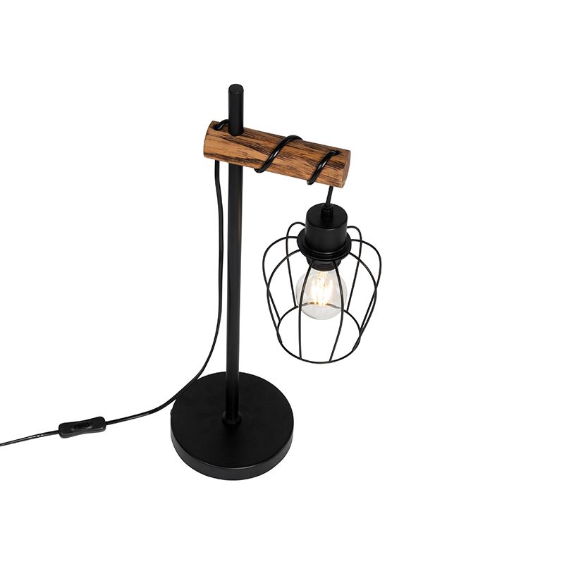 Landelijke tafellamp zwart met hout - Stronk