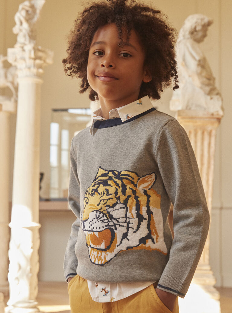 Pull gris chiné à motif tête de tigre