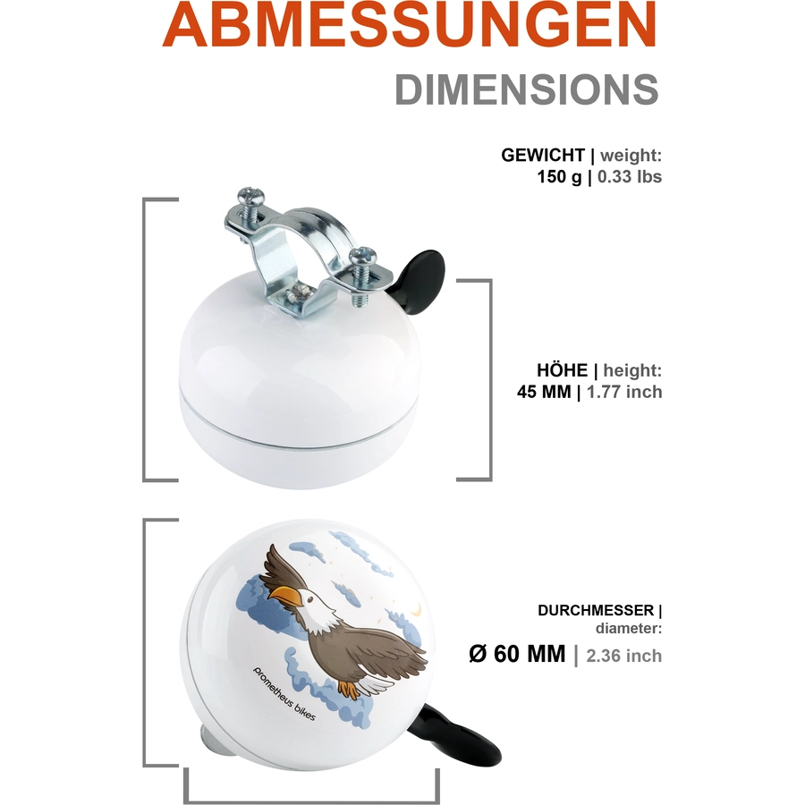 PROMETHEUS BICYCLES® Klingel für Kinder - Ding Dong Kinder-Fahrrad-Glocke - 60 mm - Links Montage, Weiß