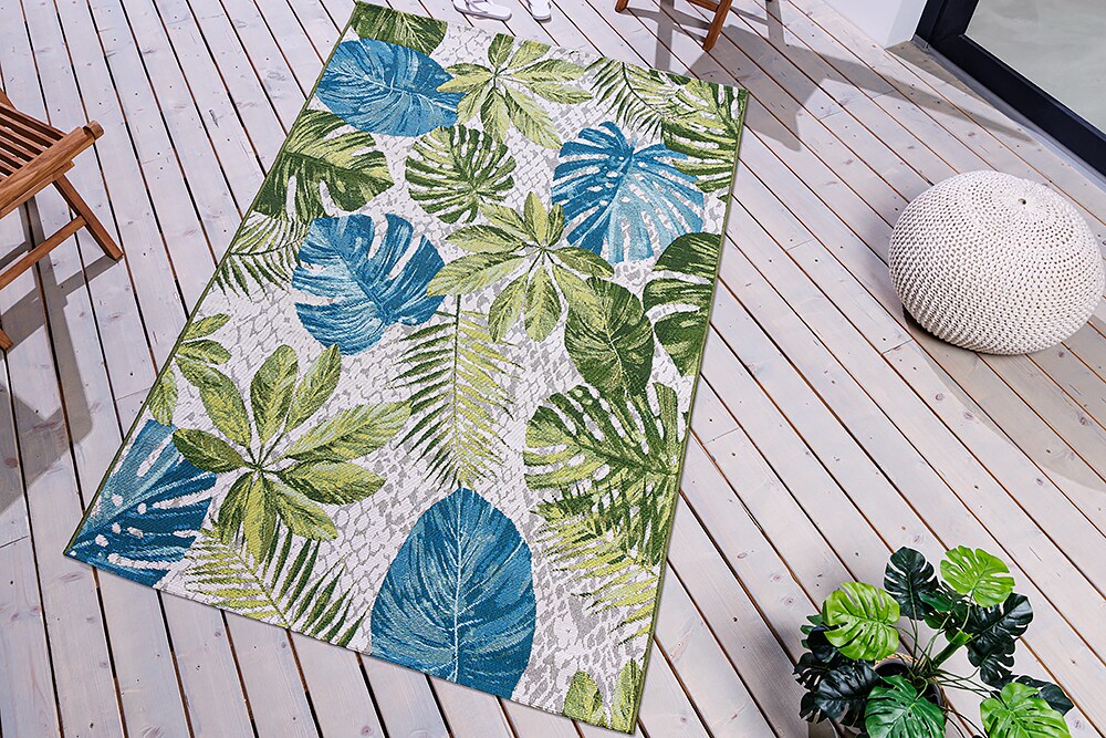 riess-ambiente Teppich LEAF - 235x160cm türkis grün weiß Blätter florales Design wetterfest In- und Outdoor