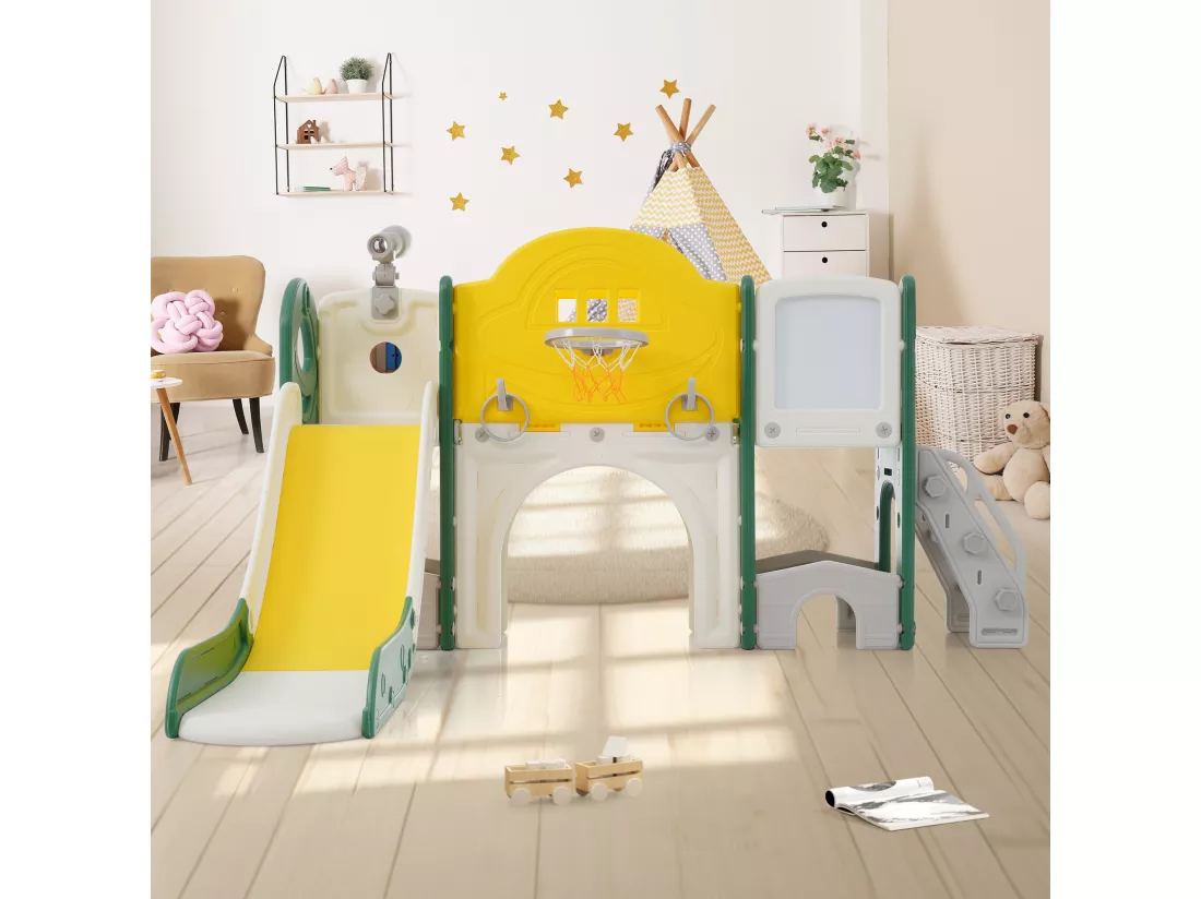 Toboggans Jouet d'escalade 10 en 1 pour enfants - 172 x 165 x 95cm - en HDPE - avec escalade et espace de rangement - vert