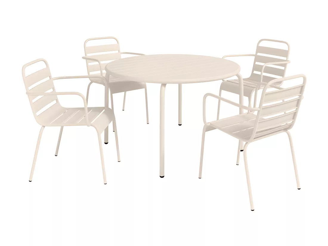 Salle à manger de jardin en métal - une table D.110 cm et 4 fauteuils empilables - Beige - MIRMANDE de MYLIA