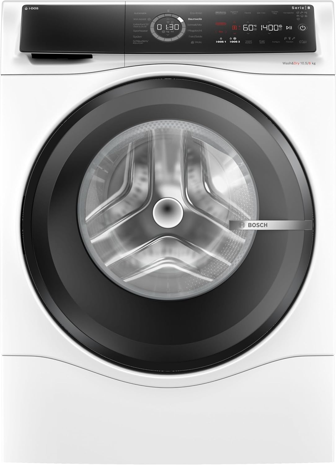 Bosch WNC254A40, Serie 8, Smarter Waschtrockner, 10.5 kg Waschen & 6 kg Trocknen, 1400 UpM, i-Dos intelligente Waschmittel-Dosierung, entfernt 16 Fleckenarten, IronAssist mit Dampffunktion, AutoDry