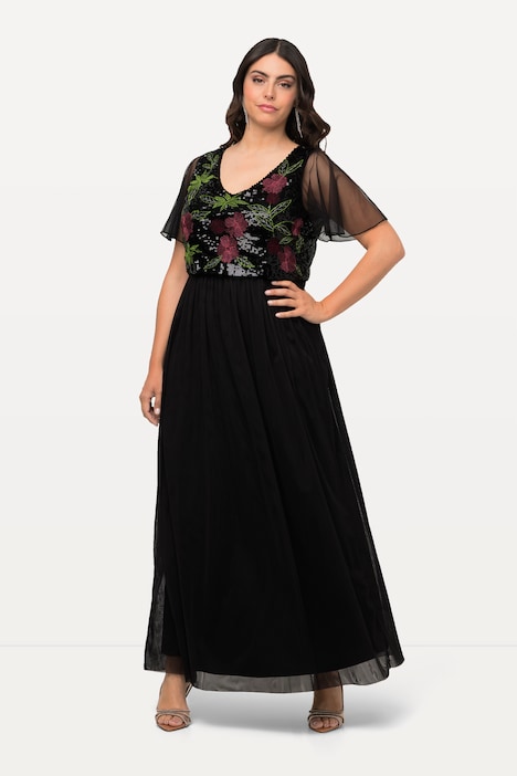 Maxikleid, Pailletten-Blüten, V-Ausschnitt, ärmellos