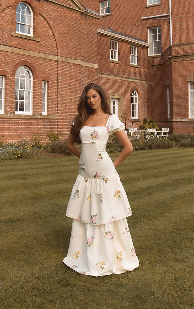 Crème Robe Maxi À Volants En Coton Imprimé Fleuri