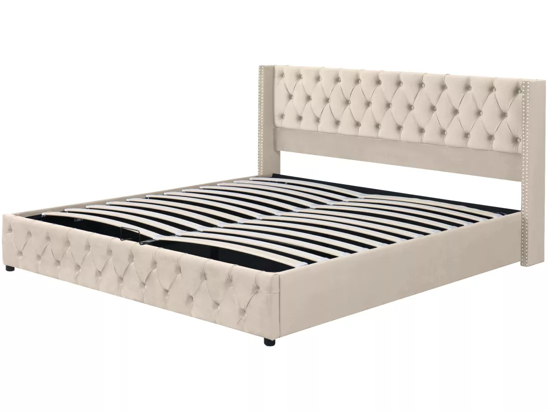Lit coffre 160 x 200 cm, lit double rembourré en velours, décor avec rivets et boutons, sommier à lattes, style chesterfield, beige