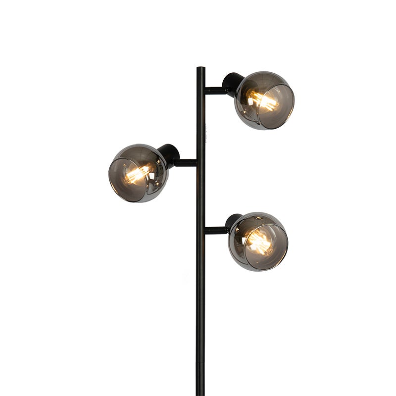 QAZQA - Art Deco vloerlamp | Staande lamp | Lamp | Lamp, zwart, 3-lichts met gerookt glas - Vidro | Woonkamer | Slaapkamer - Langwerpig - LED-compatibel, E14