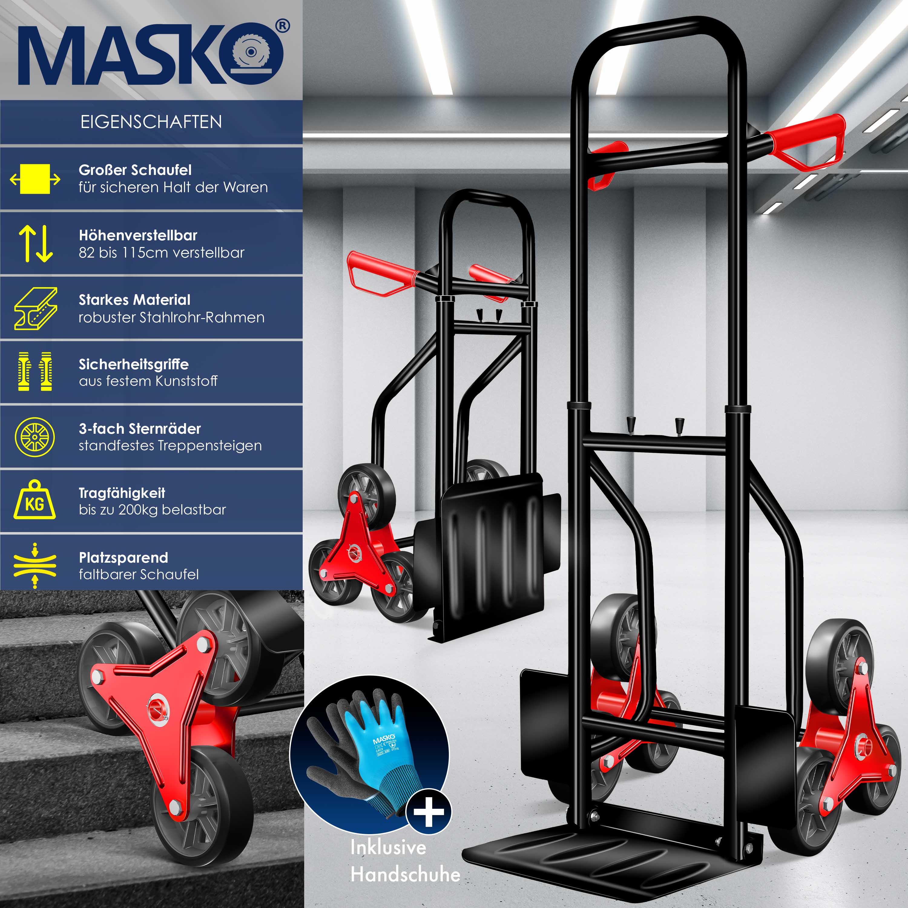 Masko® Treppenkarre Sackkarre 200kg Transportkarre Treppensteiger Stapelkarre