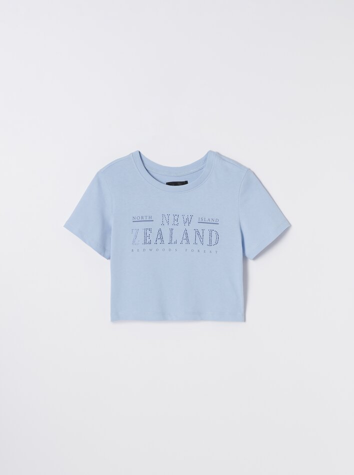 Camiseta cropped com lantejoulas - Azul claro