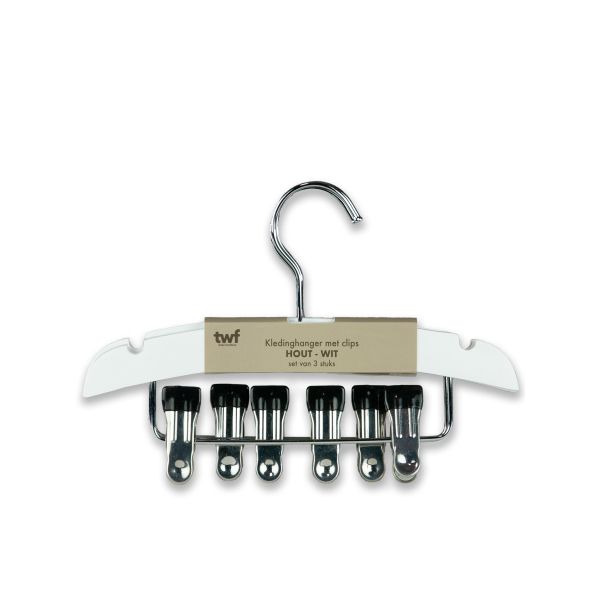 TWF Kledinghanger Met Clips - 3 Stuks - Hout Wit