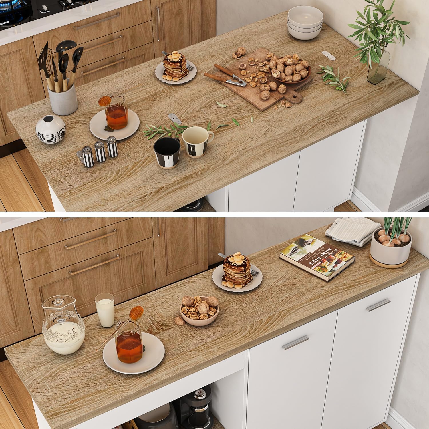 Caldion Kücheninsel mit Arbeitsplatte,Küchenwagen mit Schubladen,Küchenschrank mit Verstellbare Schotten,Buffetschrank Holzfarbe und Weiß,Kücheninselschrank,150x40x91cm