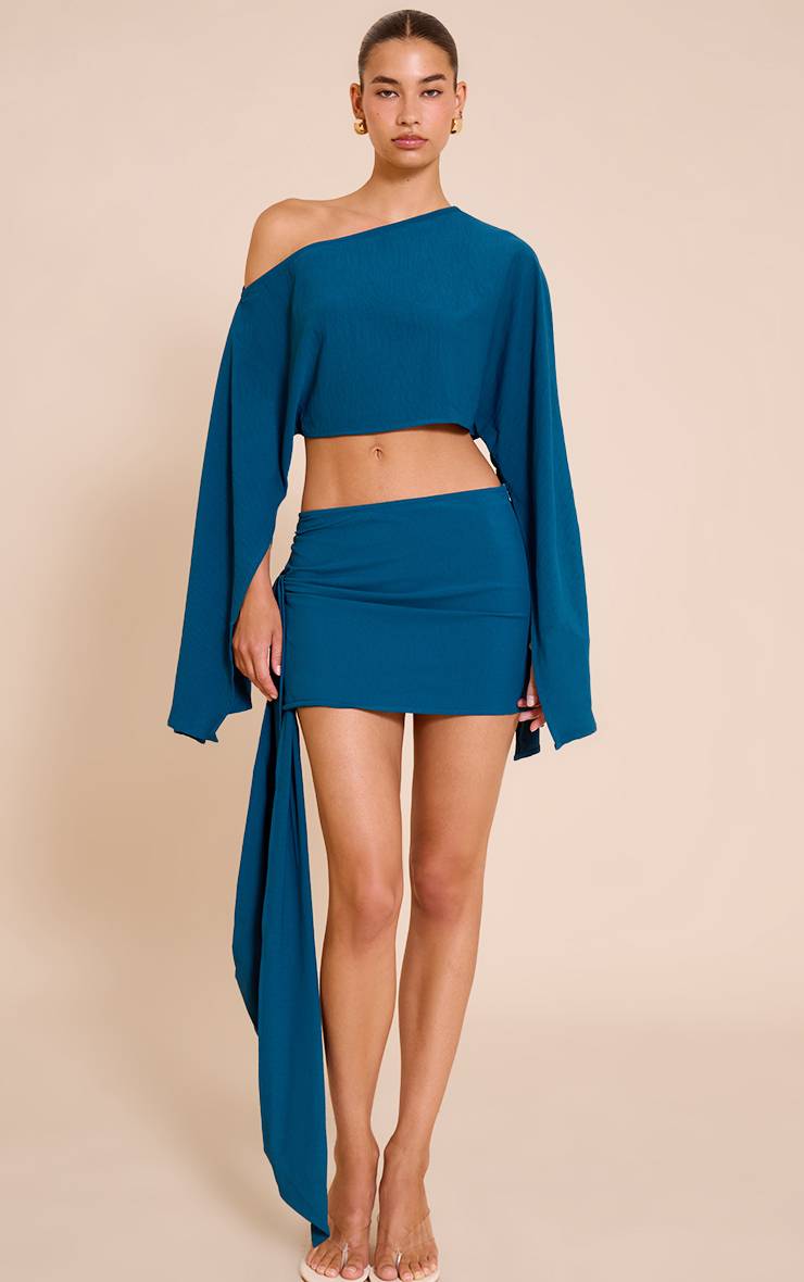 Vert Turquoise Mini-jupe Coordonnée En Tissu Vaporeux Avec Nœud Sur Le Côté